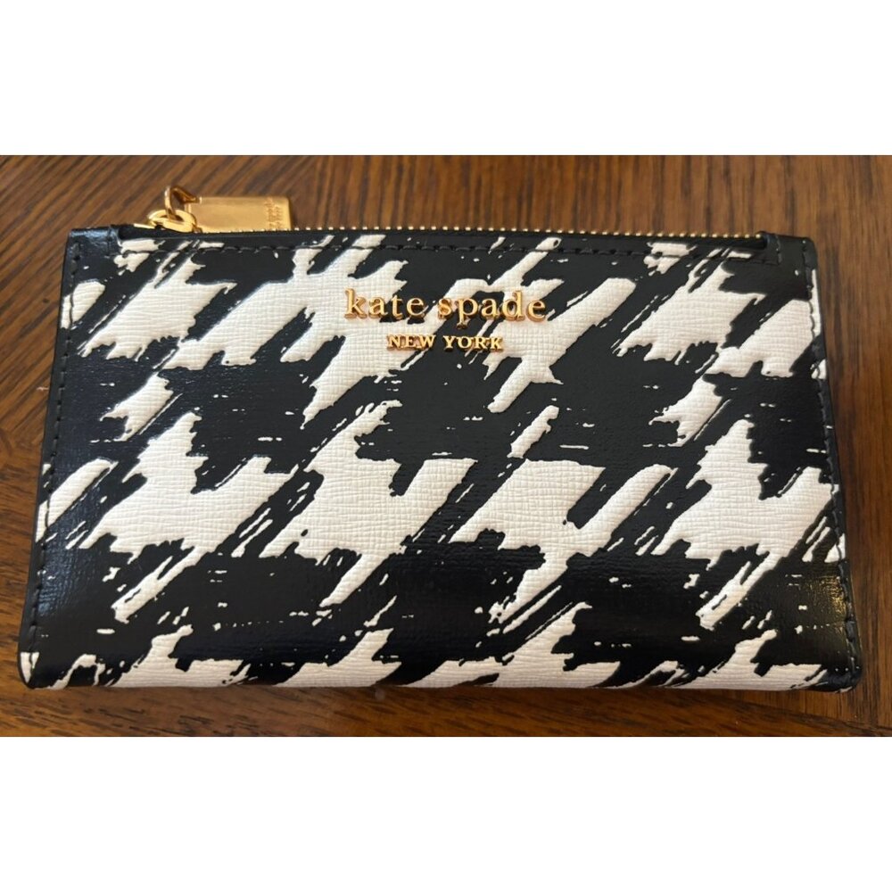 New Kate Spade Houndstooth Small Slim Bifold Wallet Black/White Leather